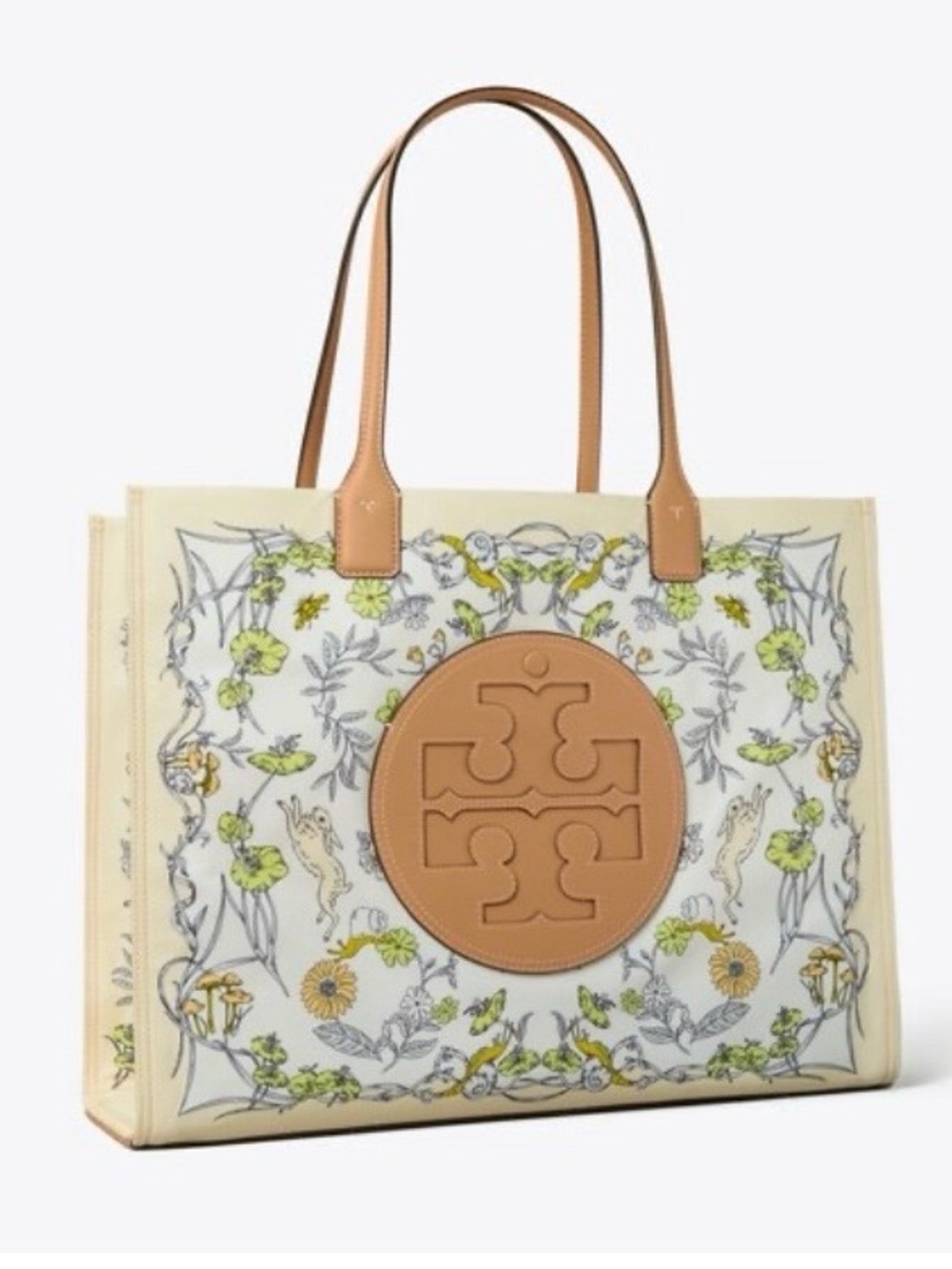 Tory Burch Cream Floral Tote with Tan Leather Logo